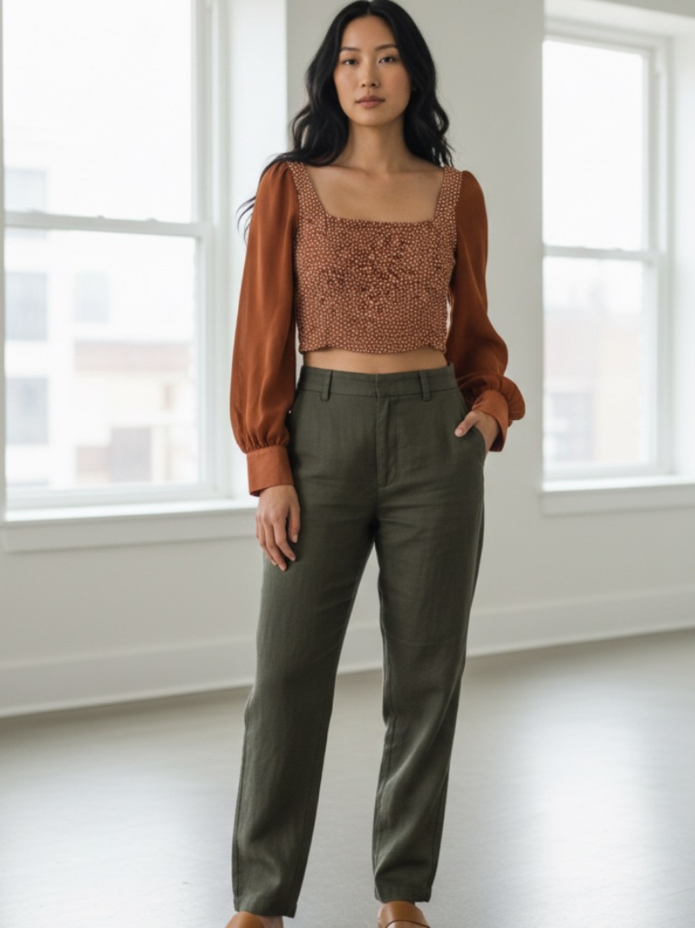Urban Outfitters Rust and White Polka Dot Puff-Sleeve Crop Top